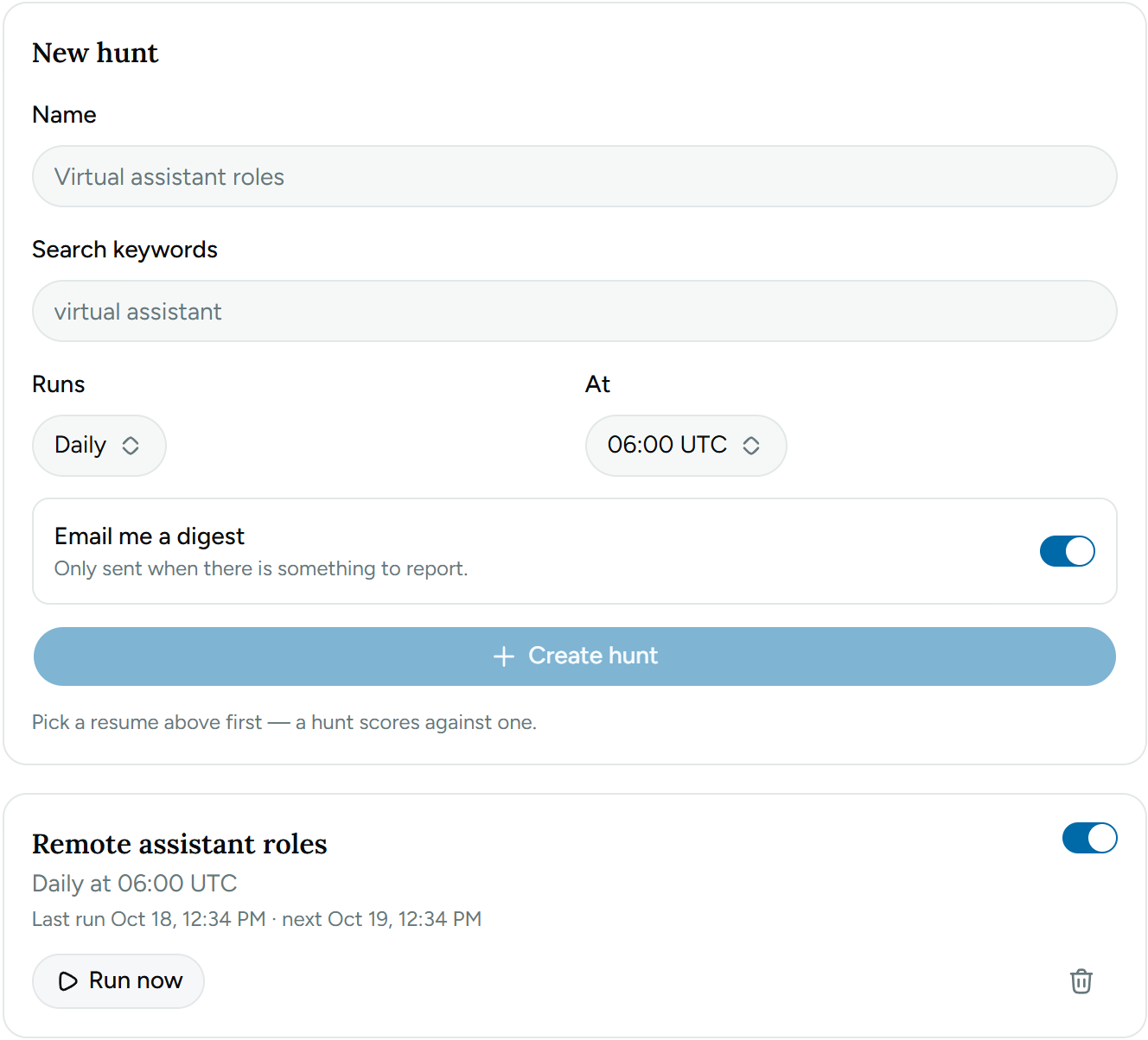 Scheduled hunt settings: daily search for virtual assistant roles with an email digest