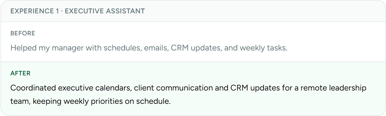 Before and after rewrite of an executive assistant experience entry
